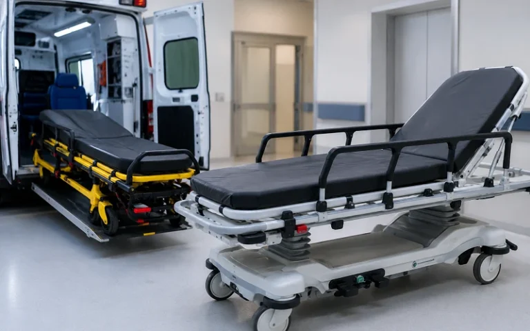 Hospital ambulance bay with stretchers