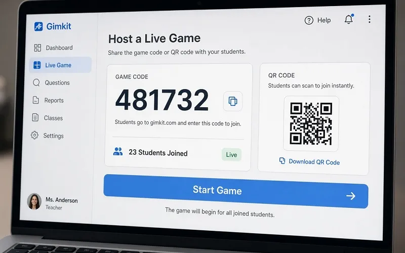 Gimkit host screen showing game code, QR code and Start Game button