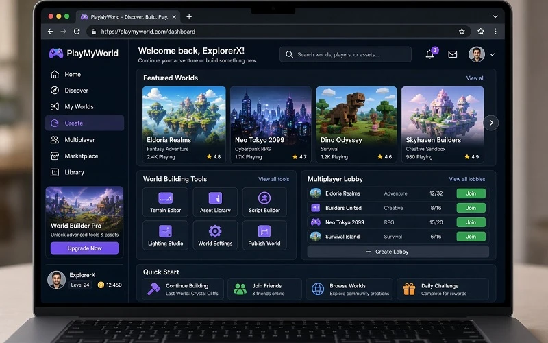 PlayMyWorld online dashboard showing games, world builder and multiplayer options