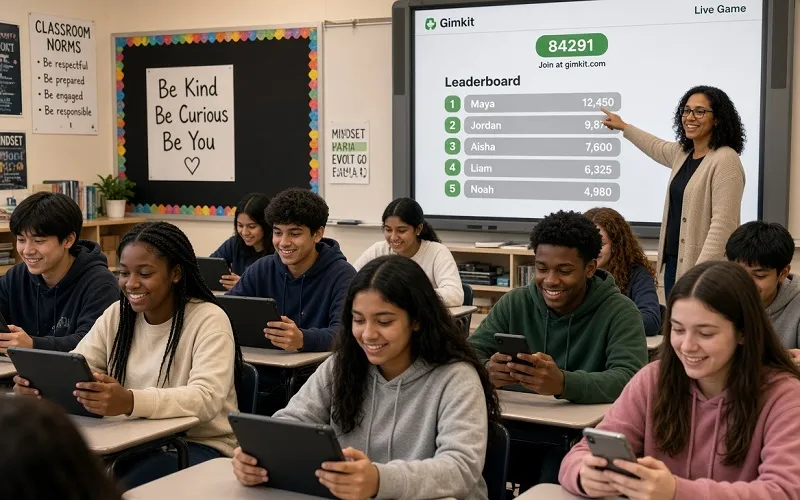 Students joining a Gimkit game on tablets while teacher displays live leaderboard