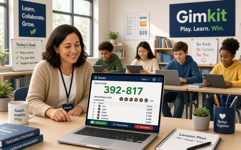 Teacher hosting a live Gimkit game on laptop while students join on tablets in classroom