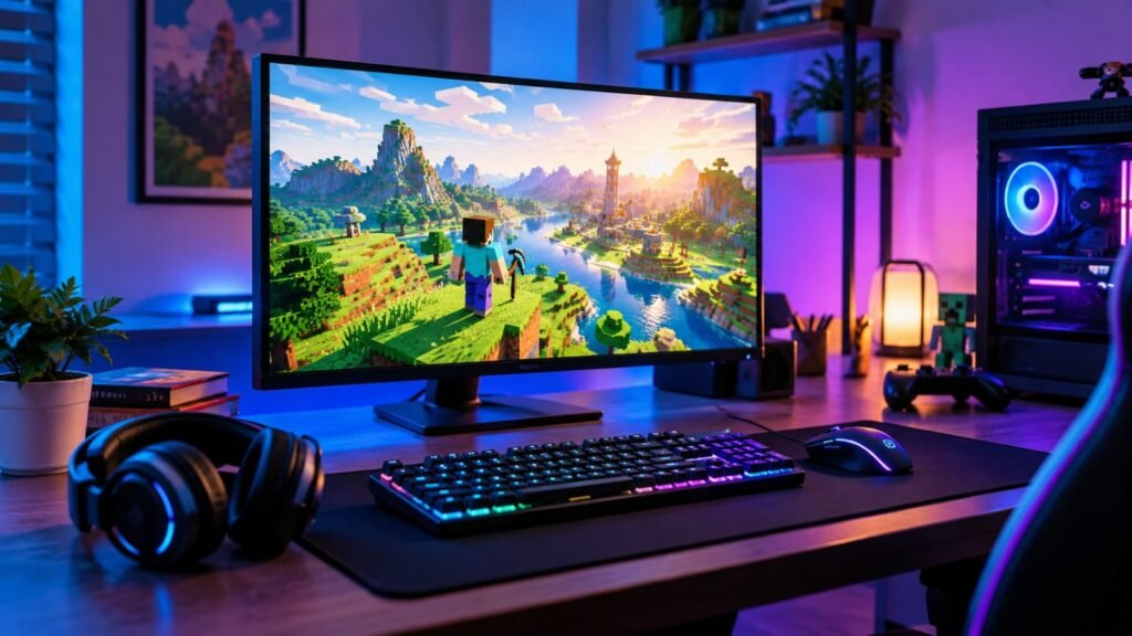 Gaming setup illustrating PlayBattleSquare.com gaming guides, Minecraft tips, and technology